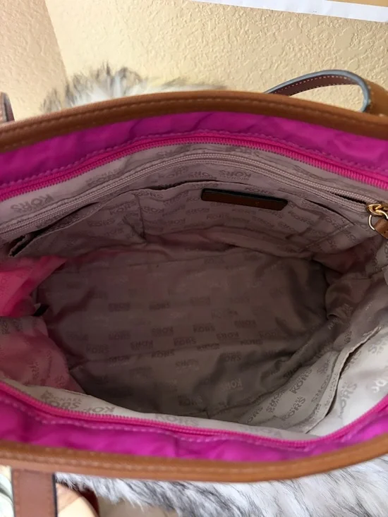 Michael Kors fuchsia is Nylon Tote with Brown Leather Trim - Picture 6 of 11
